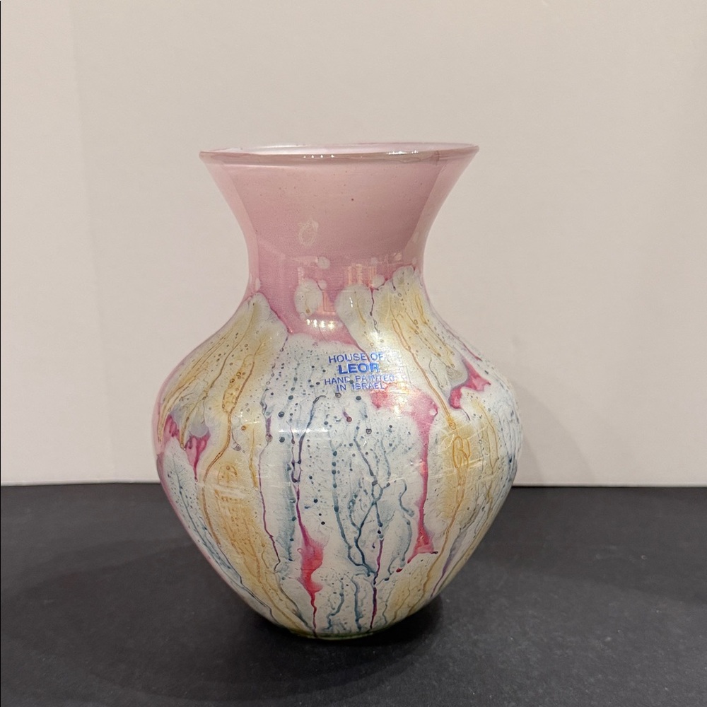 Vintage hand-painted pink studio glass vase from Israel House of Leor